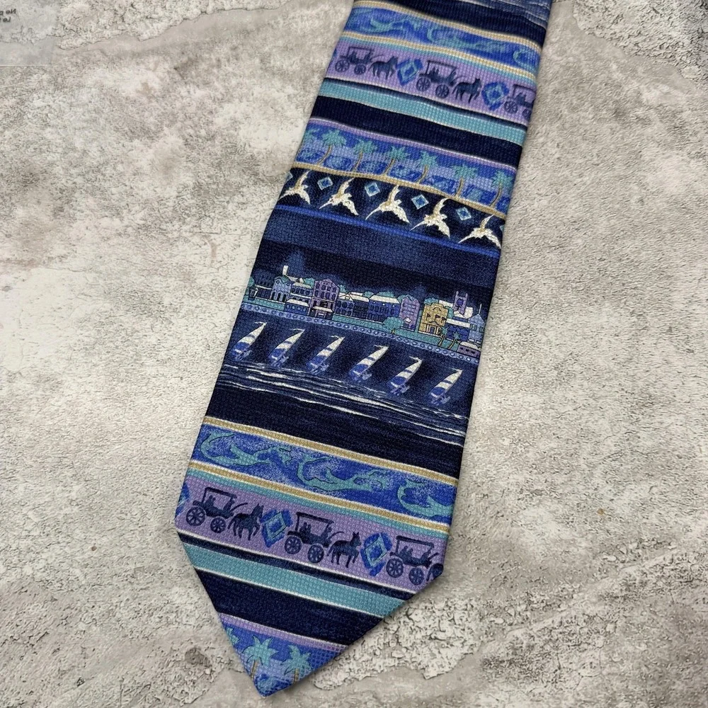English Sports Shop 100% Silk Tie One Size Blue Striped Made‎ In Italy Necktie